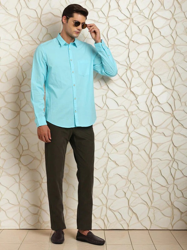 Indian Terrain Men's Regular Fit Full Sleeve Solid Blue Shirt